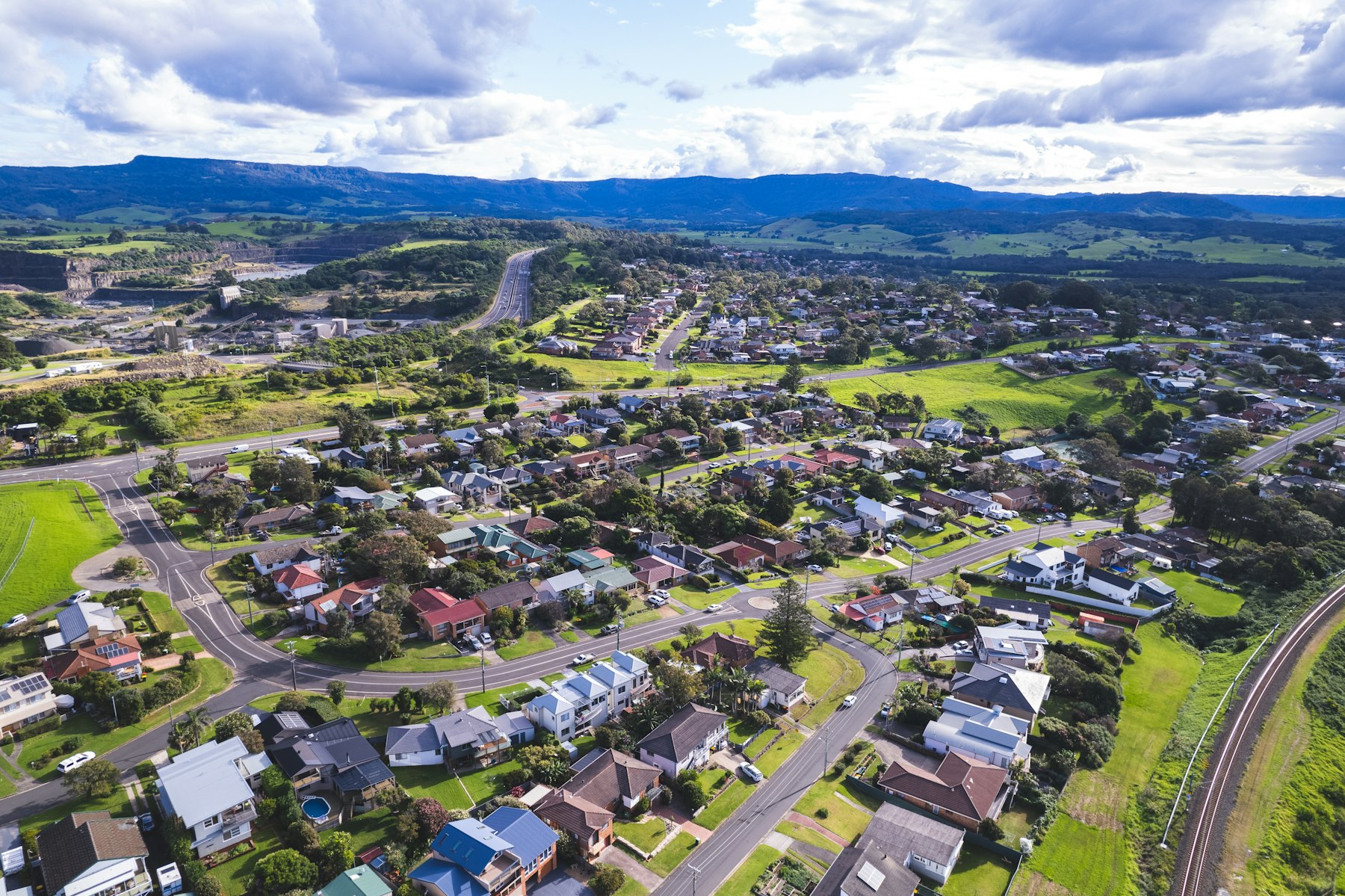 Roads running through a regional town from above